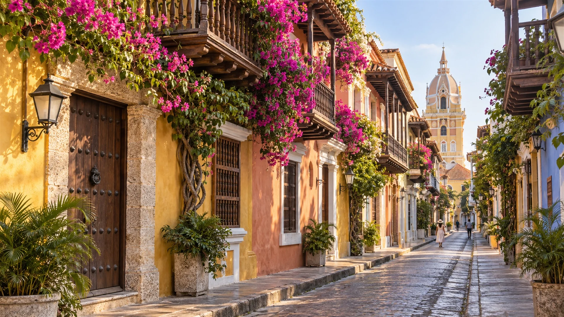 Things to do in Cartagena — Walled City street with bougainvillea on wooden balconies over pastel facades at early morning, editorial travel photography