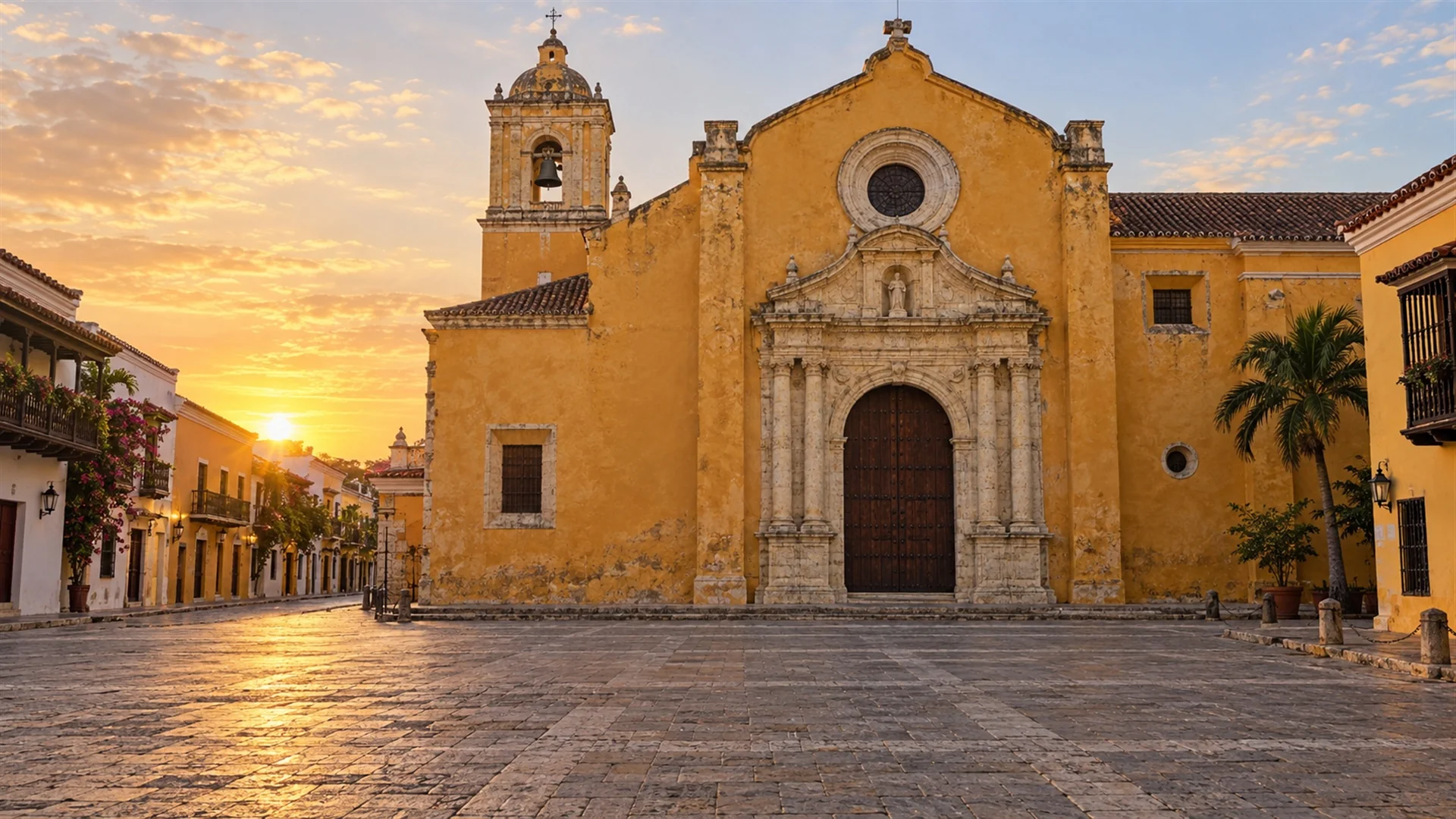 Plaza Santo Domingo in Cartagena's Walled City at dawn with the colonial church facade and empty cobbled square in soft golden light, editorial travel photography