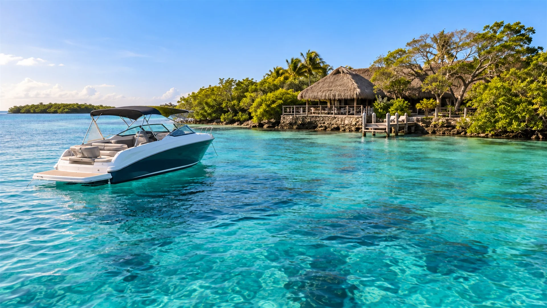 Private boat anchored in clear turquoise water off the Rosario Islands with mangroves and a small island lodge in bright morning light, luxury travel photography