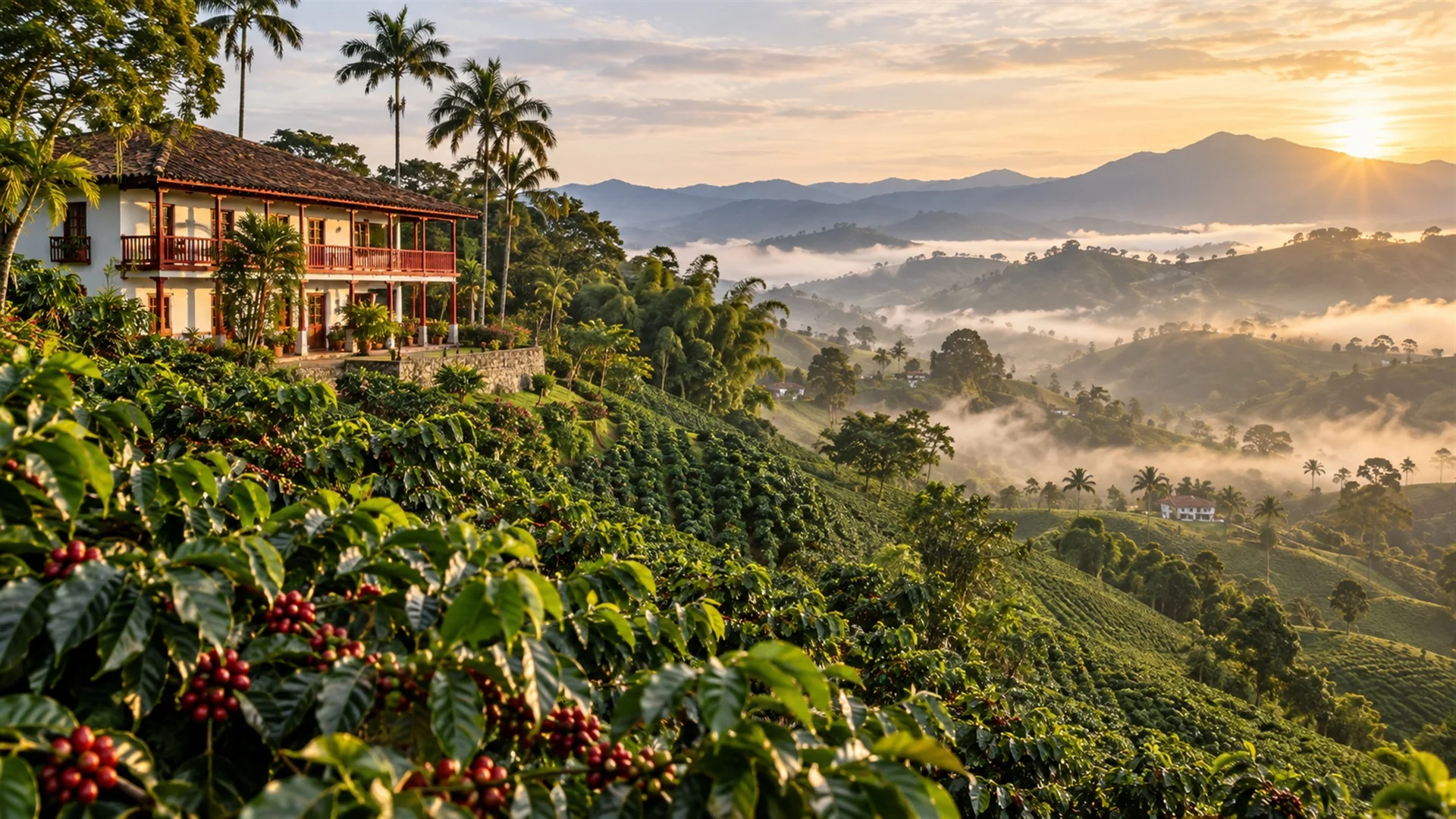 Colombia coffee region landscape with coffee plants on steep green hillsides, a white hacienda with red balconies and morning mist, editorial travel photography