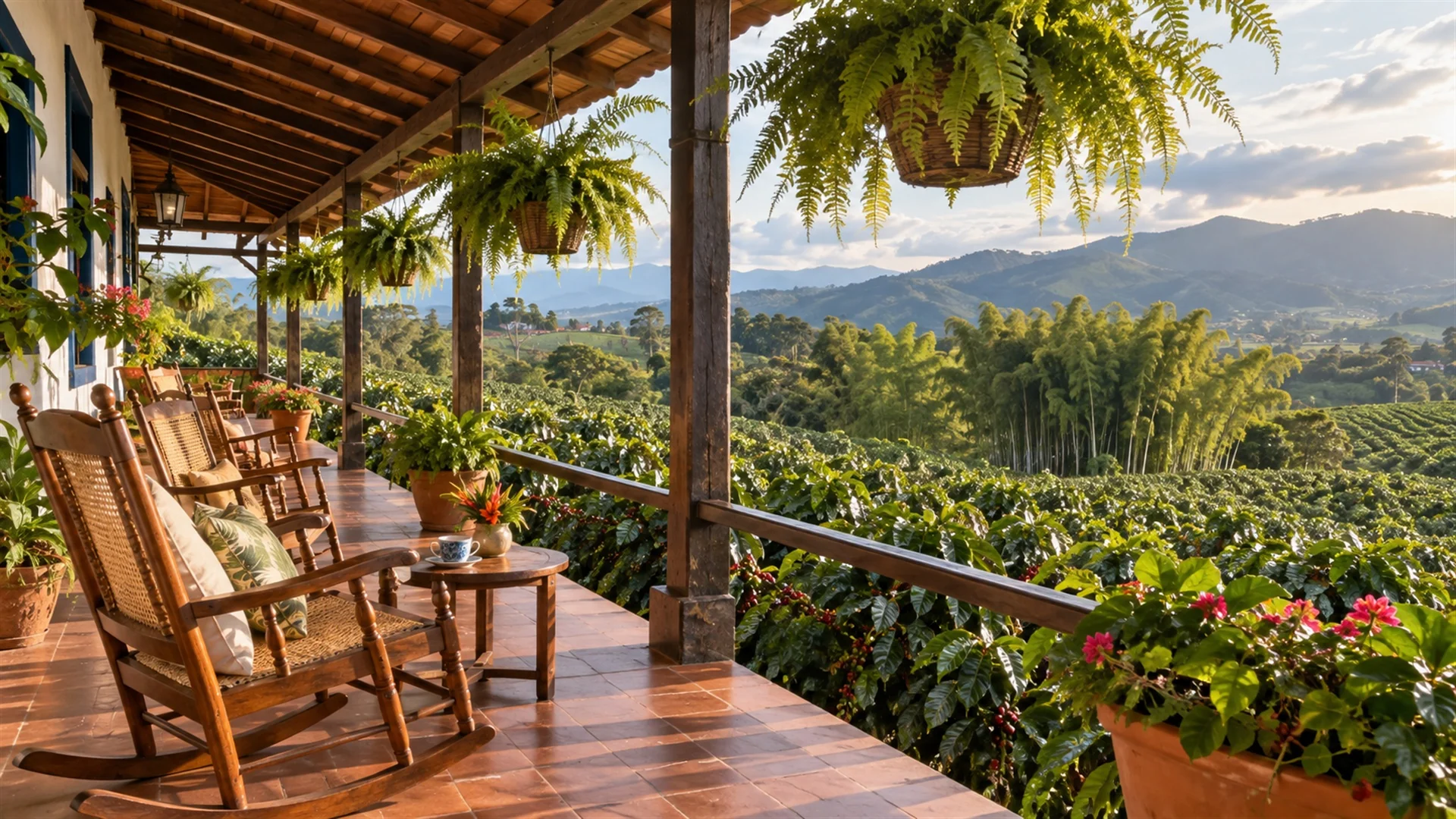 Traditional coffee hacienda veranda with wooden rocking chairs, hanging plants and views over coffee fields and guadua bamboo, soft afternoon light, luxury rural travel photography