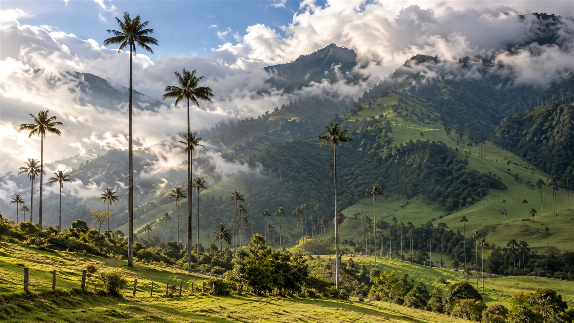 Towering Quindio wax palms rising above green pastures in the Cocora Valley with low clouds drifting over the Andean ridges, dramatic landscape travel photography