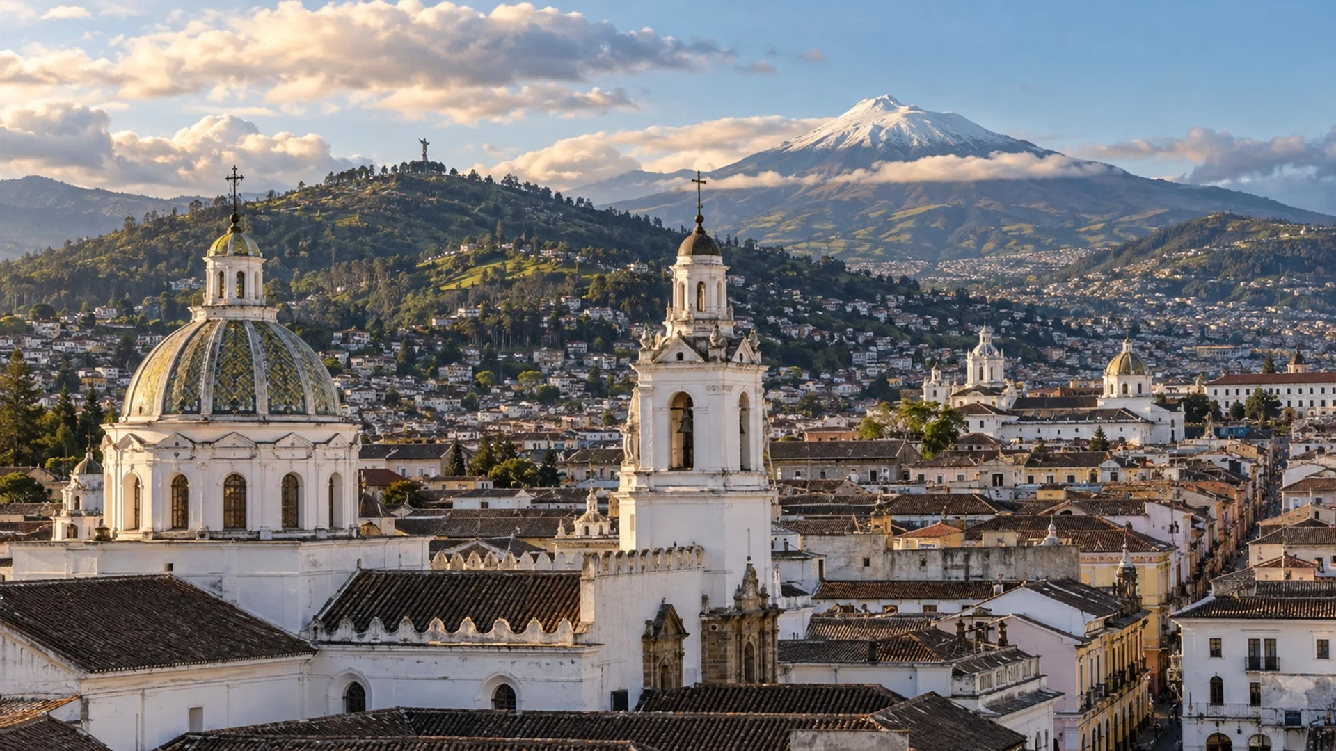 Quito and the Ecuadorian Andes seen from above, colonial domes and church towers of the old town with green volcanic slopes behind, editorial travel photography