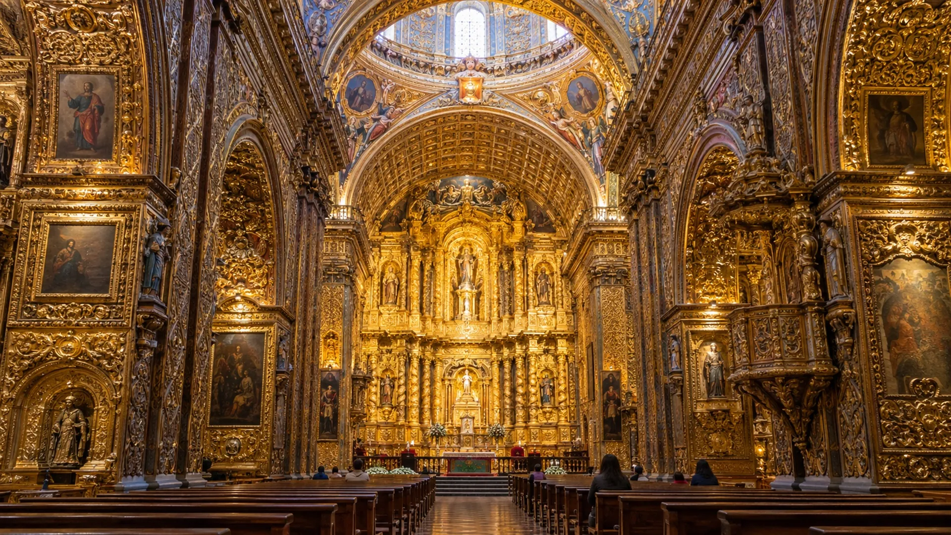 Gilded Baroque interior of La Compania de Jesus church in Quito with carved golden altars and vaulted ceiling, soft interior light, architectural travel photography