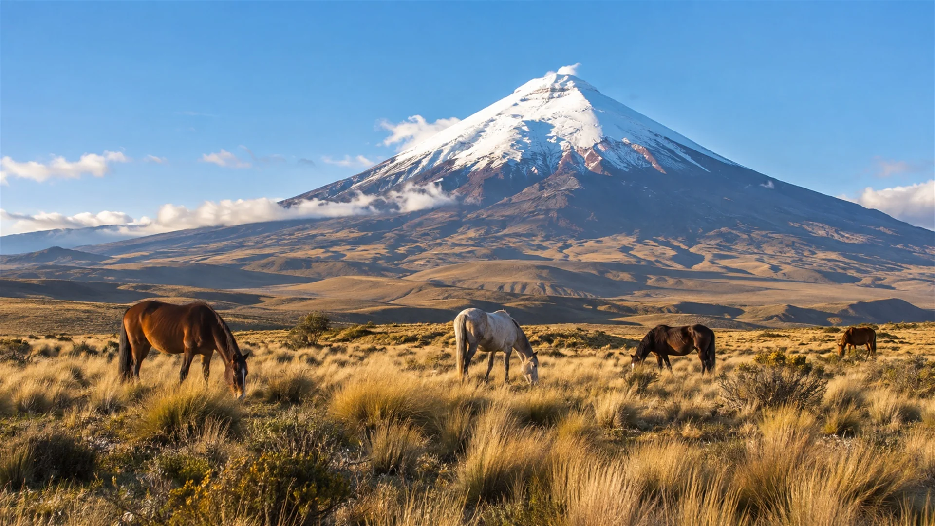 Snow-capped cone of Cotopaxi volcano rising above golden paramo grassland with wild horses grazing in the foreground, clear morning sky, landscape travel photography