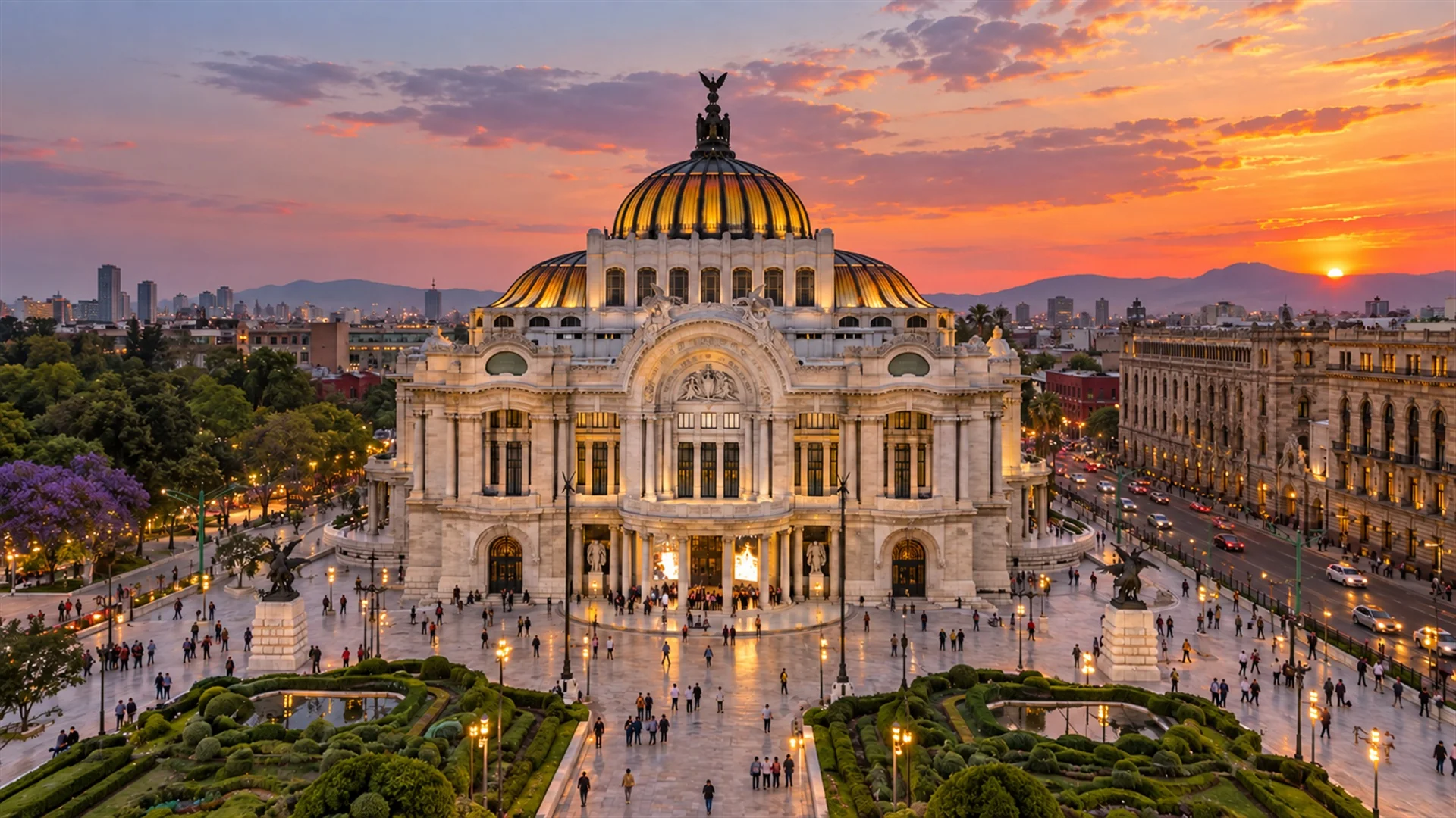 Things to do in Mexico City, Palacio de Bellas Artes with white marble facade and golden domes at dusk, editorial city travel photography