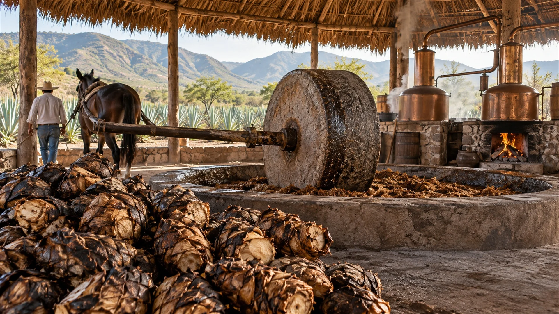 Traditional mezcal palenque with roasted agave hearts beside a stone tahona wheel and copper stills under a thatched roof, rustic documentary photography
