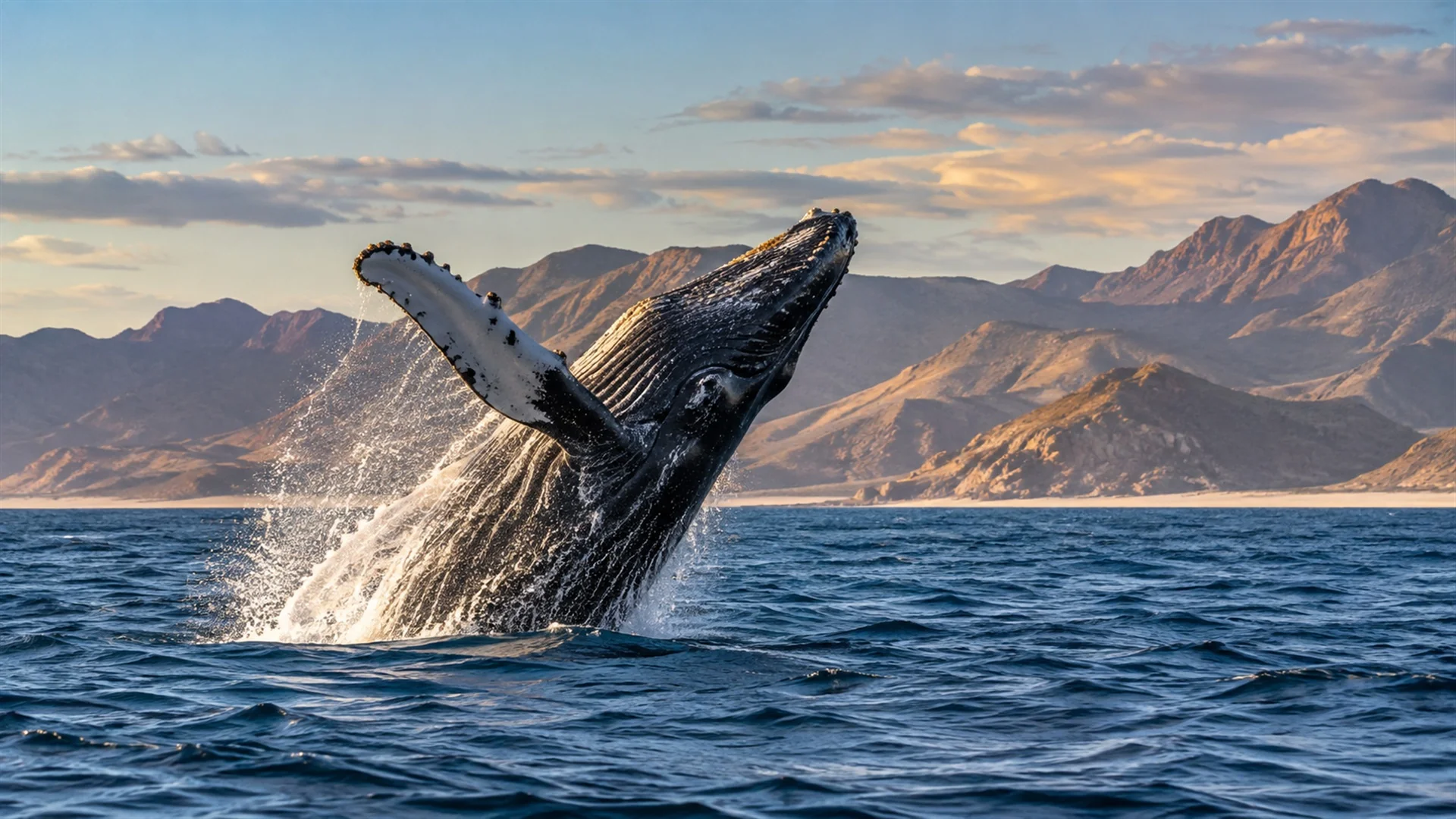 Humpback whale breaching off the coast of Baja California Sur with desert mountains on the horizon, dramatic morning light, wildlife travel photography