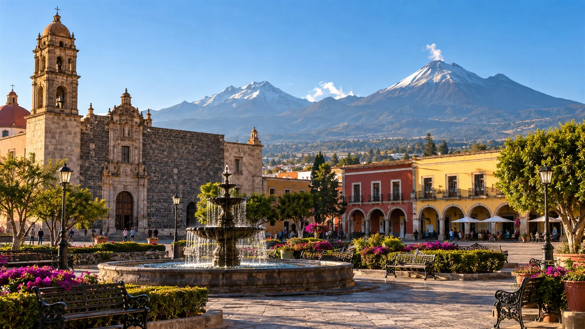 Best time to visit Mexico: highland colonial plaza under clear dry-season sky with volcanic peaks behind, crisp morning light, luxury travel photography