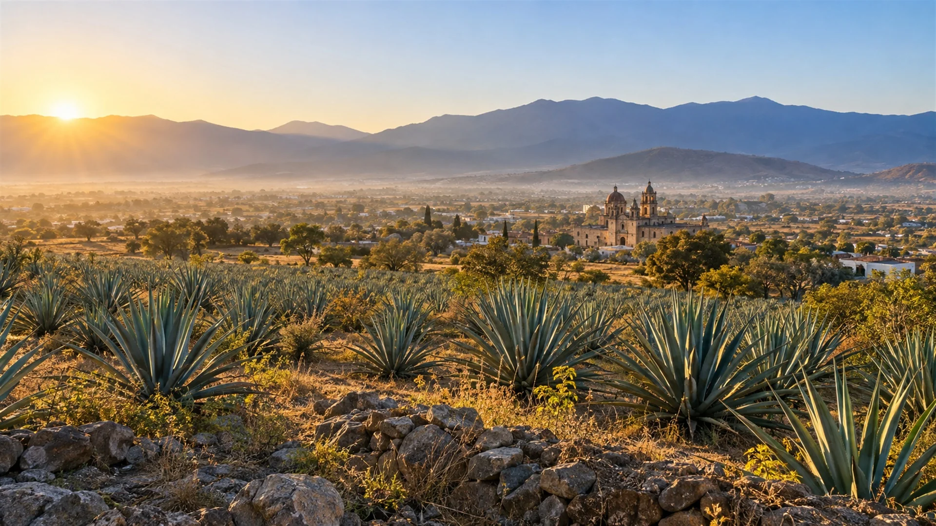 Oaxaca valley at dawn in the highland dry season with golden agave fields and blue mountain ridges under clear sky, editorial travel photography