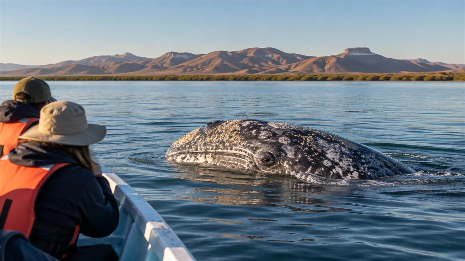 Gray whale surfacing beside a small boat in a calm Baja California Sur lagoon in winter, desert hills on the horizon, natural wildlife photography