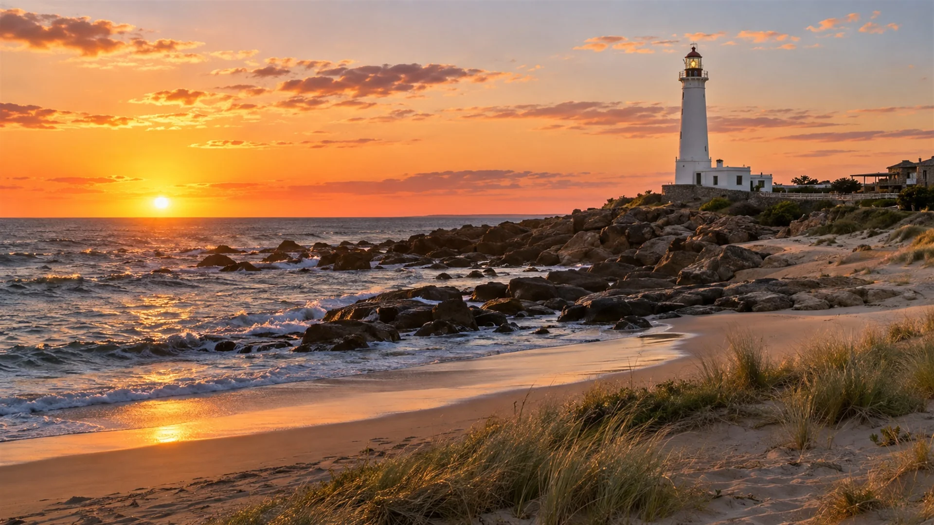 Jose Ignacio, Uruguay: white lighthouse on a rocky point above a quiet Atlantic beach at sunset, low dunes and soft light, luxury travel photography