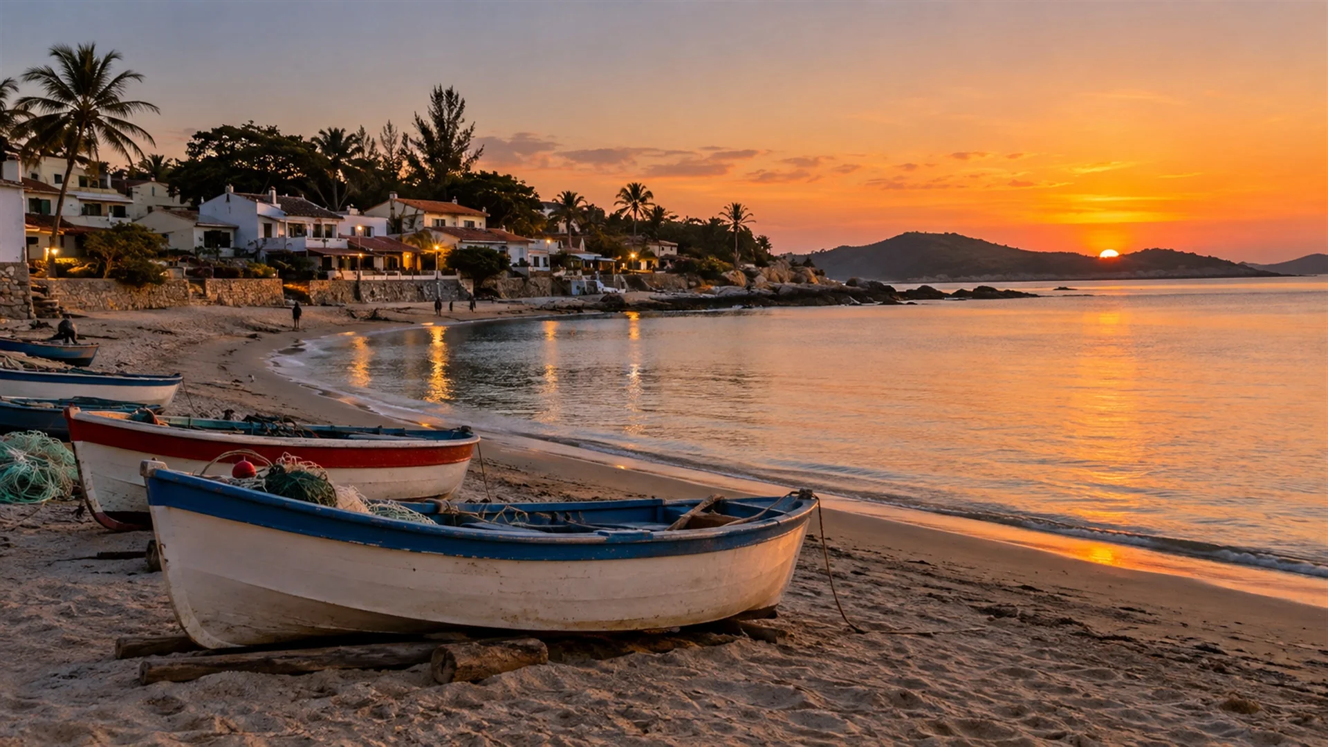 Calm water of Playa Mansa at dusk with fishing boats pulled onto the sand and low village houses behind, quiet coastal travel photography