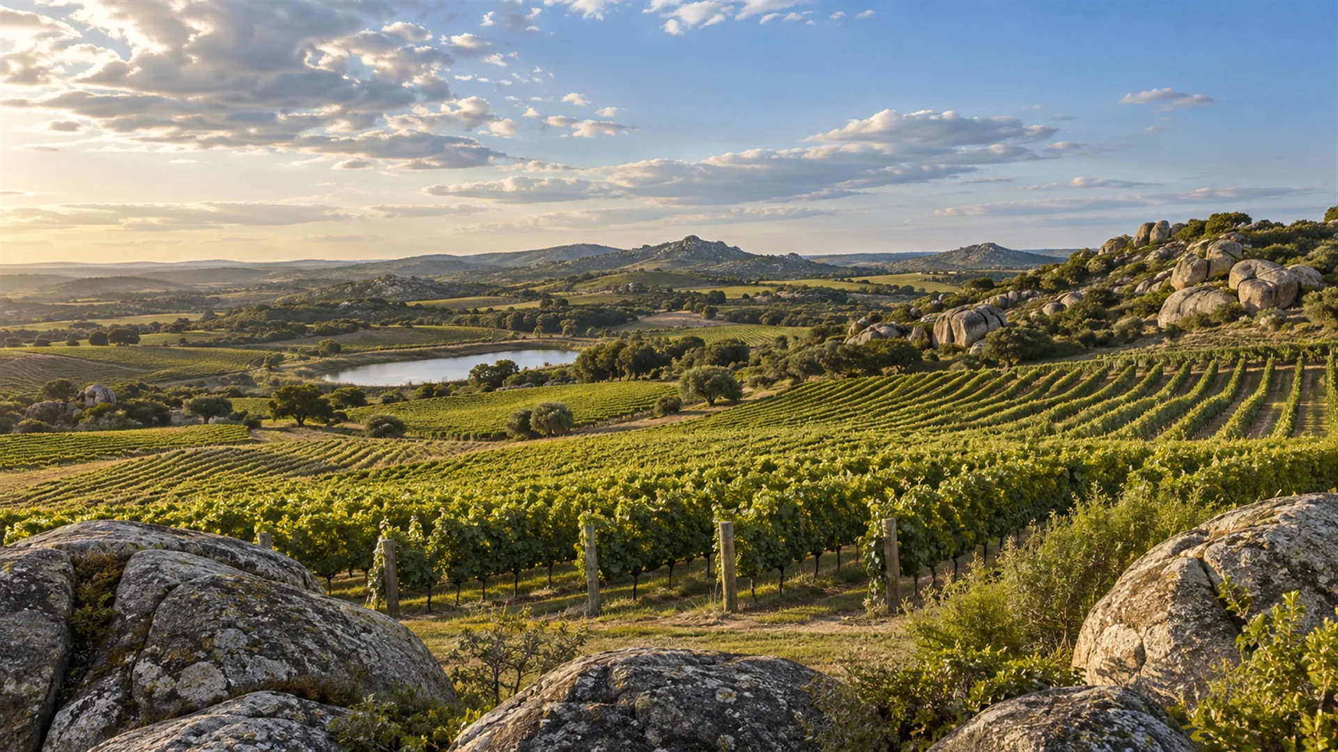 Rolling vineyard rows near Garzón in soft afternoon light with granite boulders and green hills under a wide Uruguayan sky, editorial wine travel photography