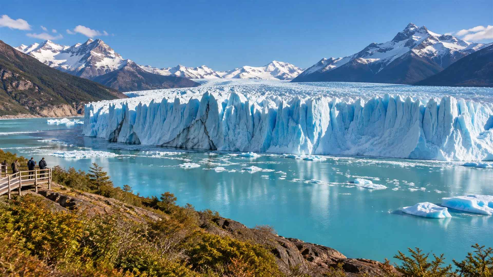 Argentine Patagonia travel guide image of the Perito Moreno Glacier front rising above Lago Argentino under clear sky, crisp light, luxury travel photography