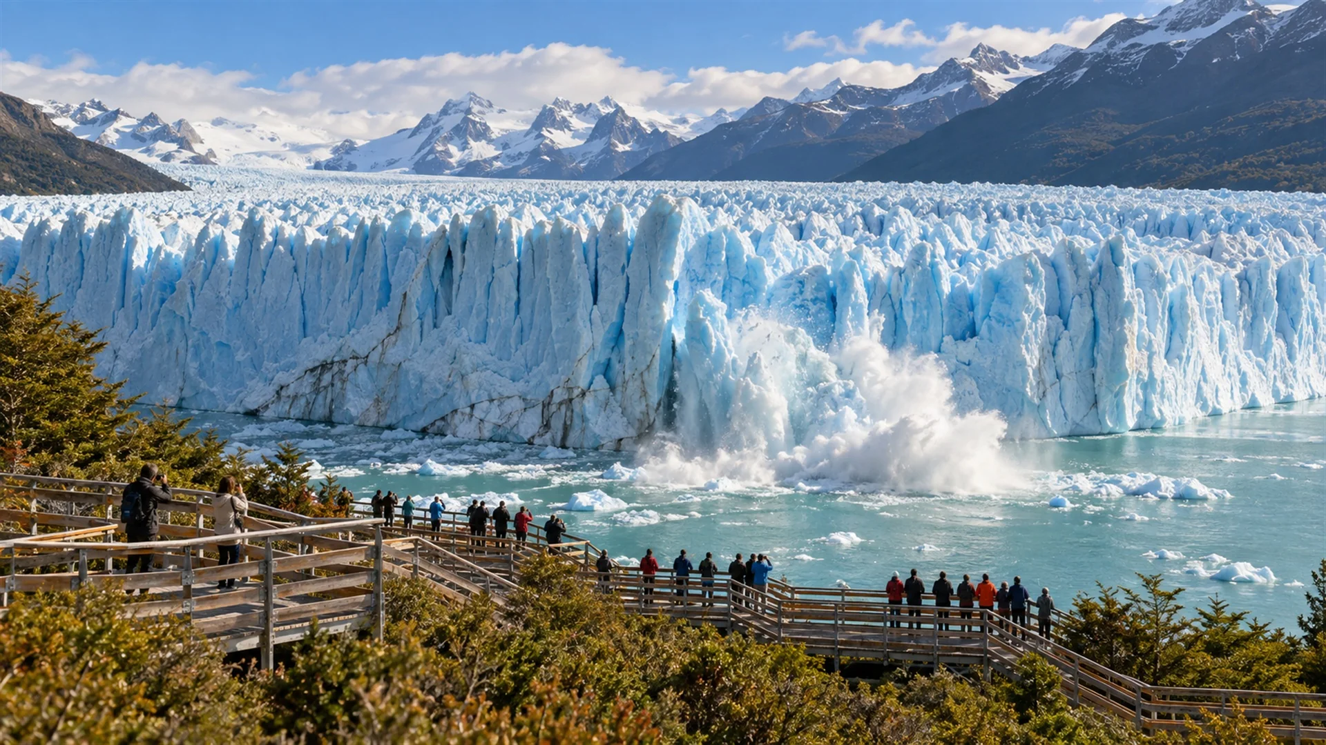 Travelers on wooden walkways facing the towering blue ice wall of the Perito Moreno Glacier as a section calves into the lake, documentary travel photography