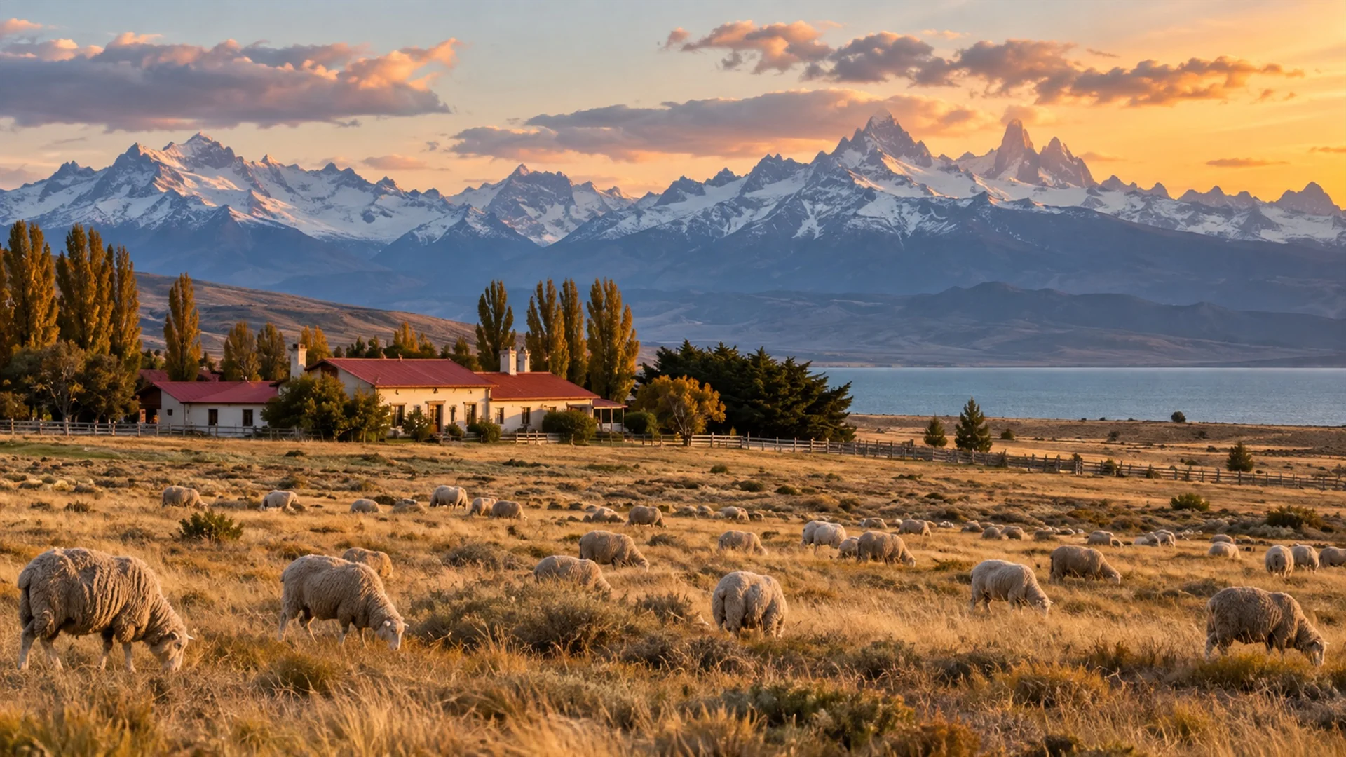 Historic Patagonian estancia with red-roofed homestead, sheep grazing on golden steppe and snow-capped Andes on the horizon, warm evening light, travel photography