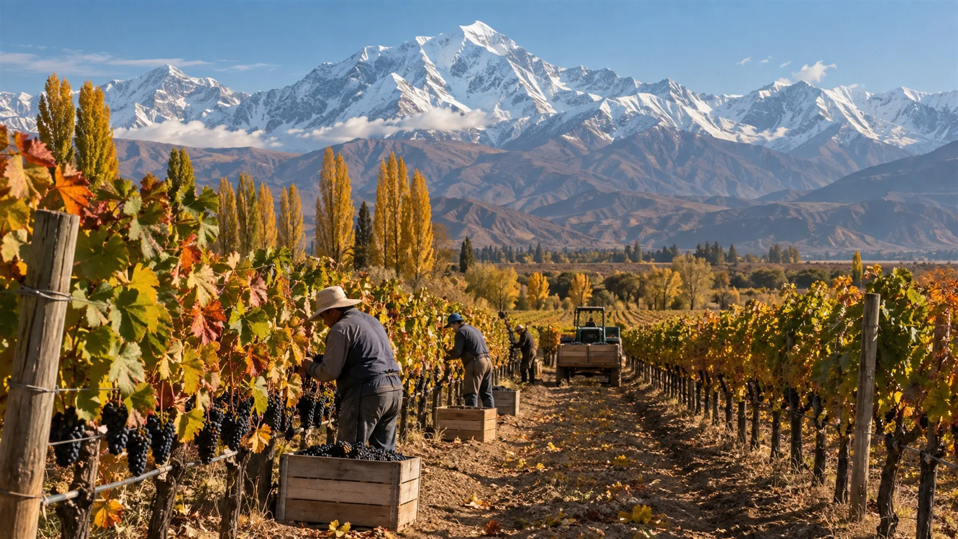 South America wine regions: high-altitude vineyard rows beneath snow-capped Andes peaks in clear autumn light, harvest season, luxury wine travel photography