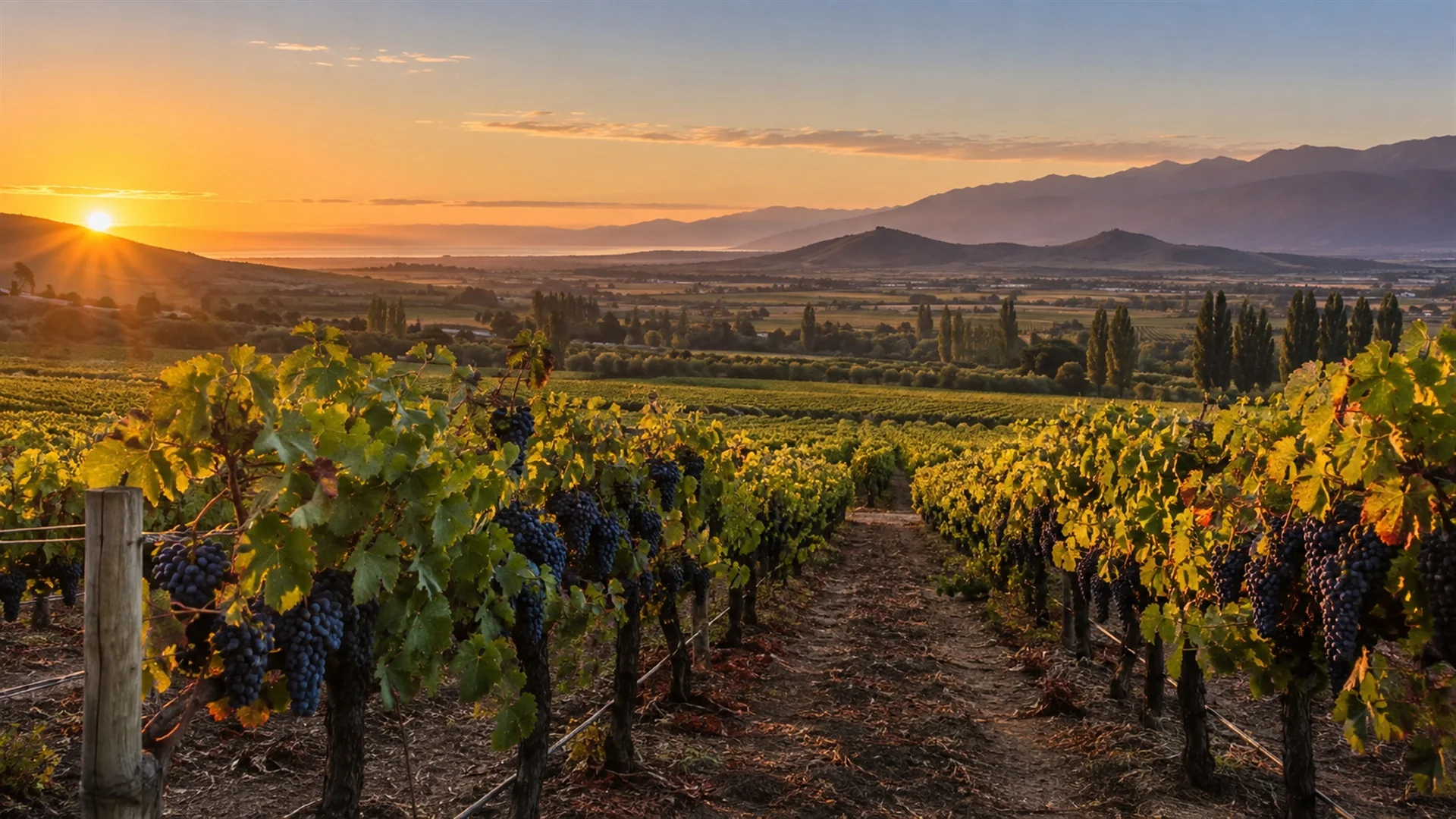 Colchagua Valley vineyard at golden hour with rows of dark grapes, rolling hills and coastal mountain range on the horizon, editorial wine travel photography