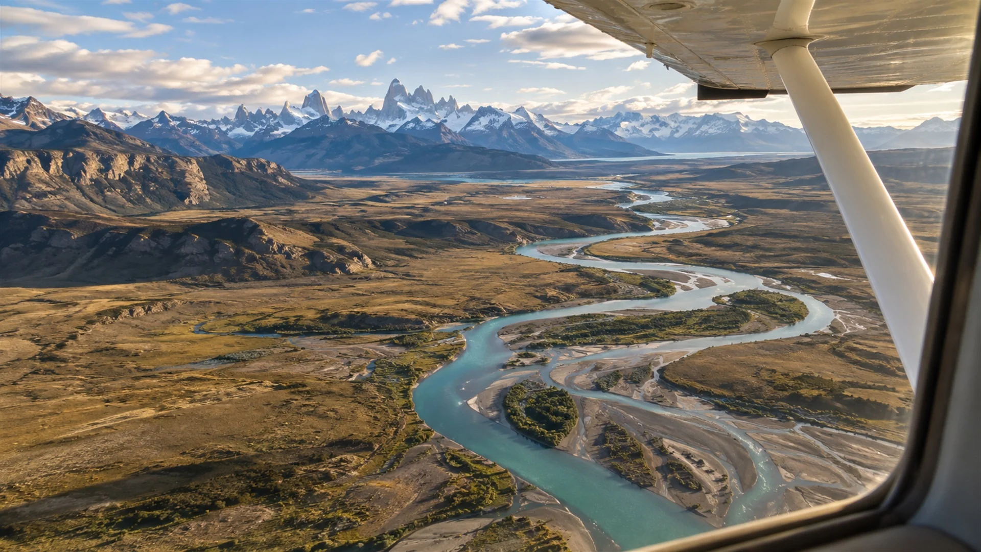 Vast Patagonian landscape seen from a small plane window with a winding river, open steppe and distant mountains, aerial travel photography