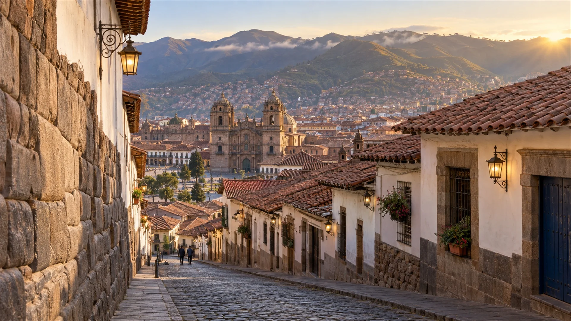 Colonial stone street in Cusco at dawn with red-tiled roofs and green Andean slopes behind, quiet high-altitude city travel photography