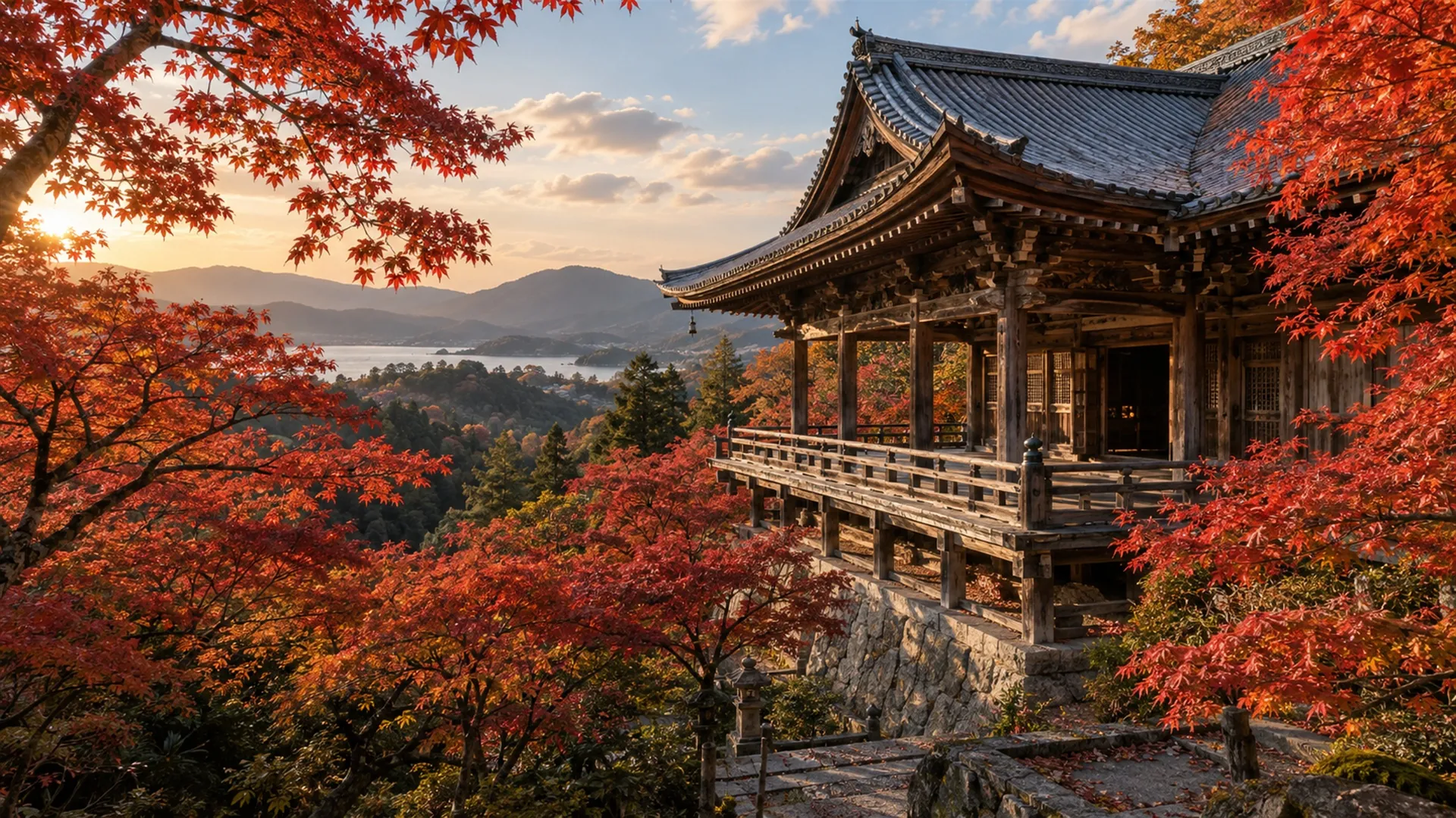 Best time to visit Japan — red autumn maples around a wooden temple hall on a hillside, soft late afternoon light, editorial travel photography