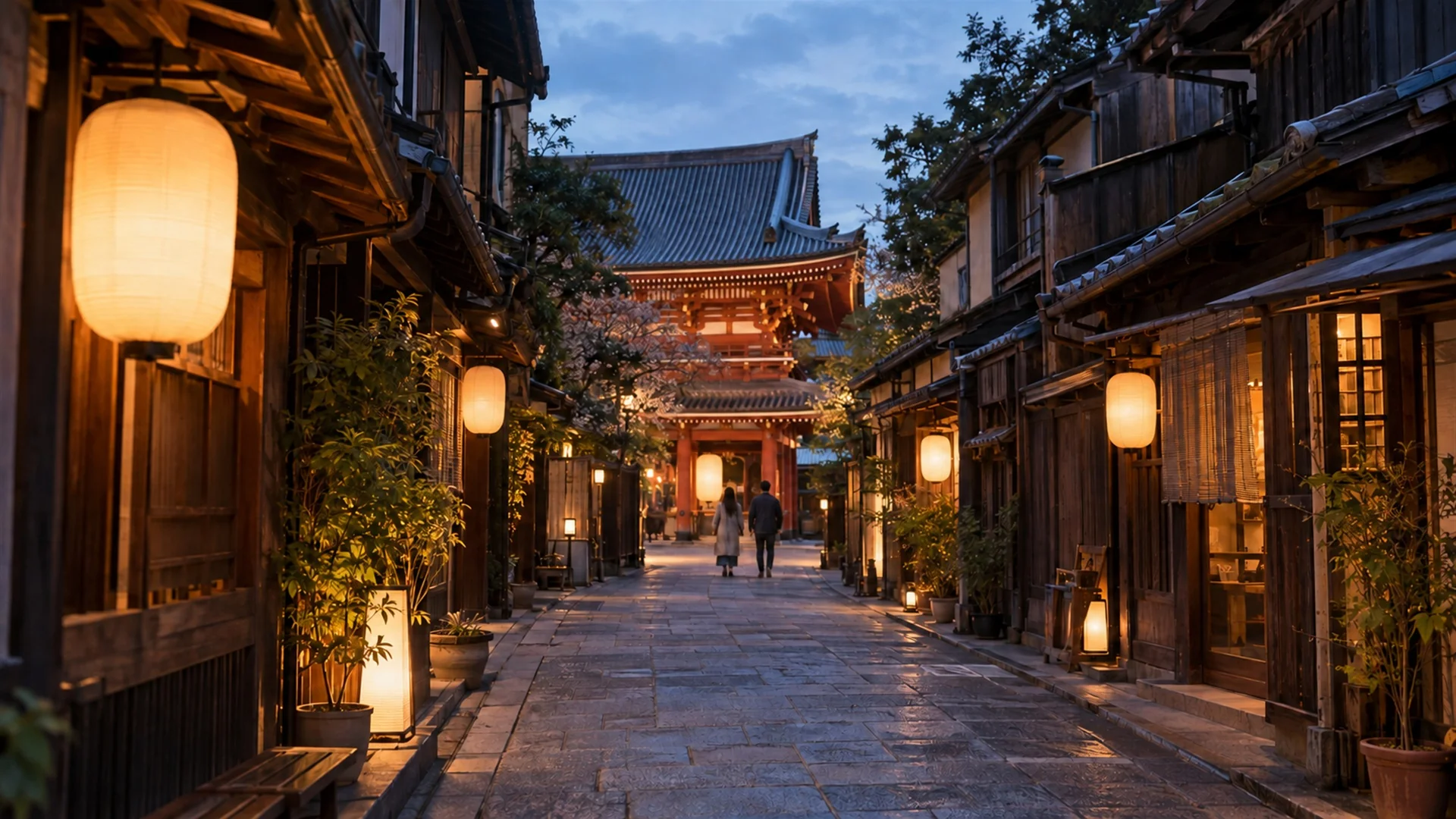 Things to do in Tokyo — lantern-lit lane of low wooden shops leading toward a temple gate at dusk, warm evening glow, editorial travel photography