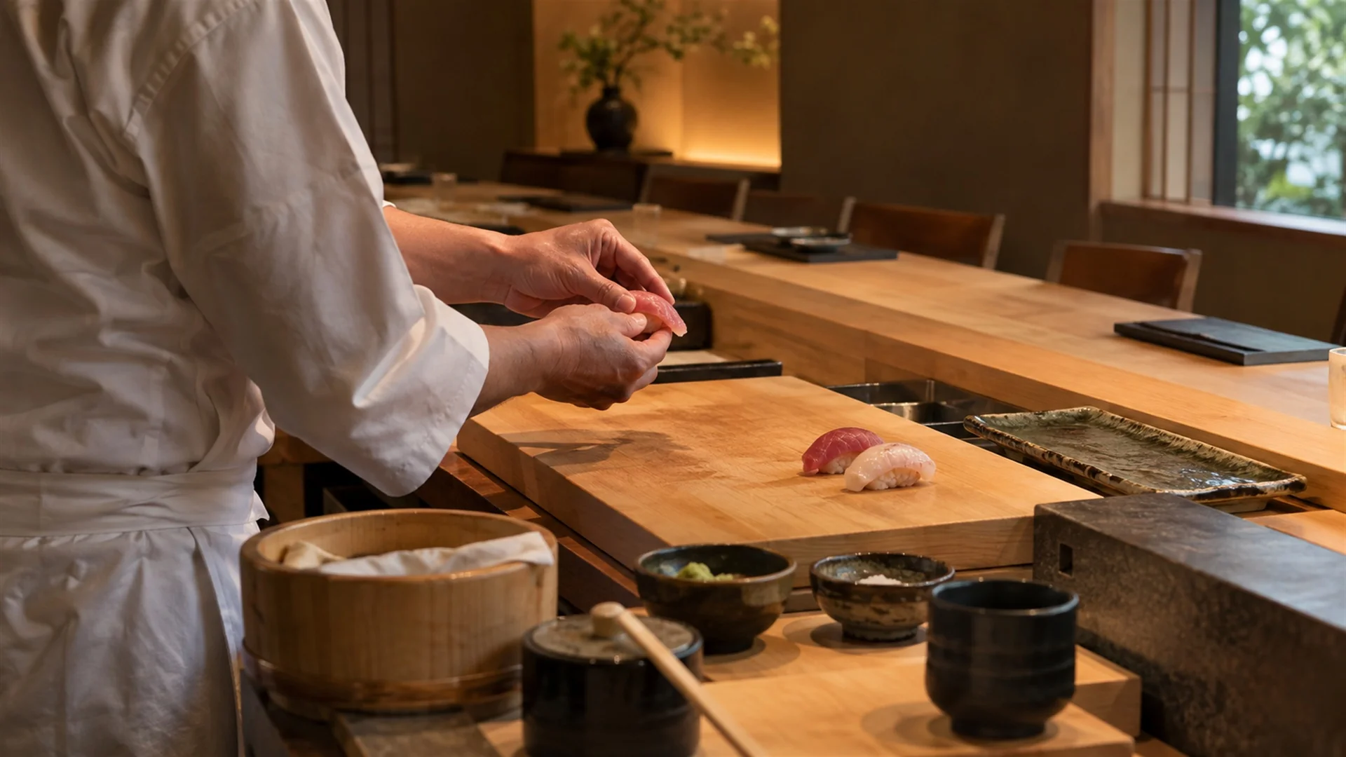 Sushi chef preparing nigiri at a quiet hinoki wood counter with few seats in an intimate Tokyo restaurant, soft warm lighting, editorial food photography