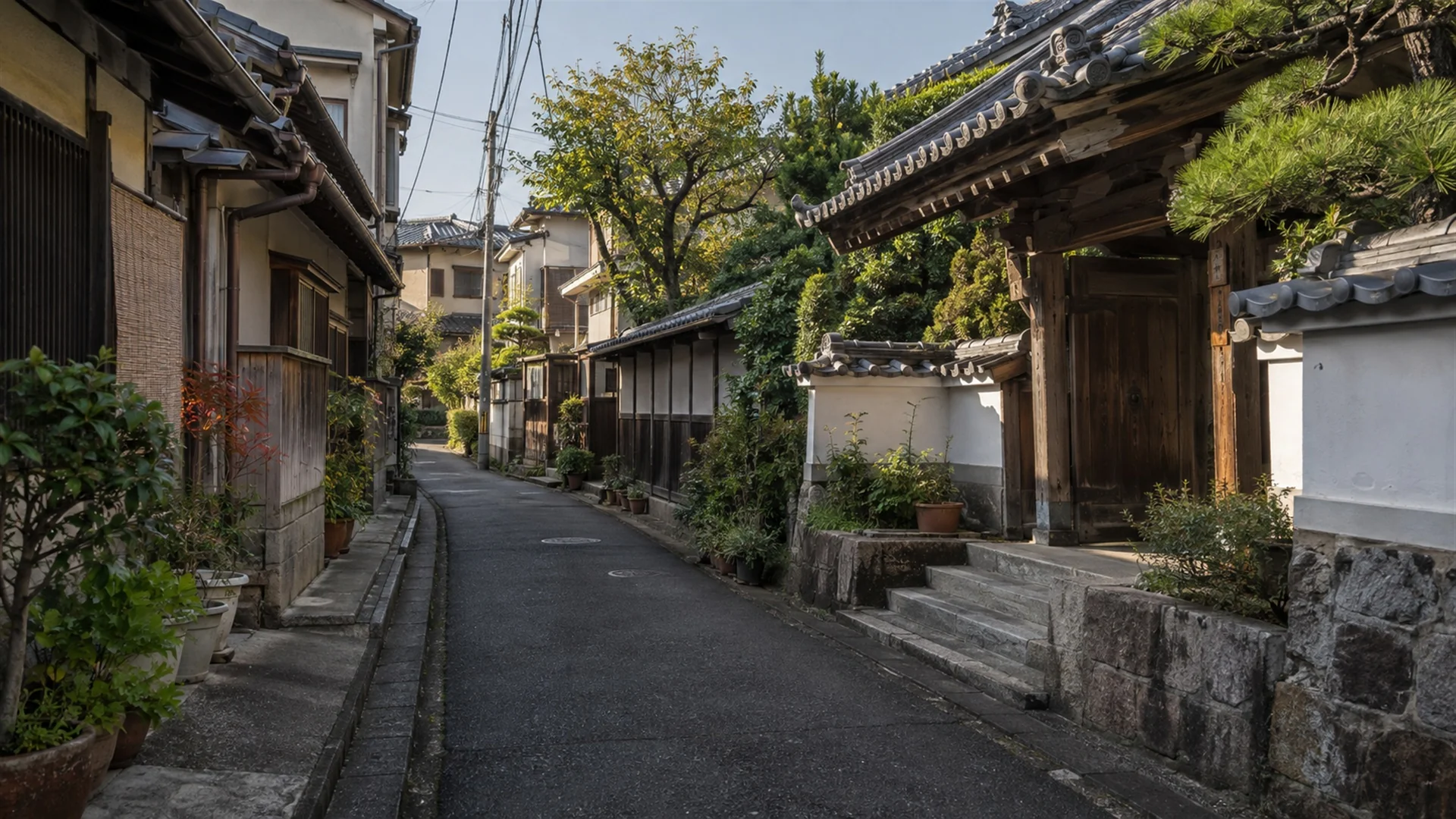 Quiet Yanaka lane with old wooden houses, a small temple gate and potted plants in the Tokyo low city, soft morning light, street travel photography