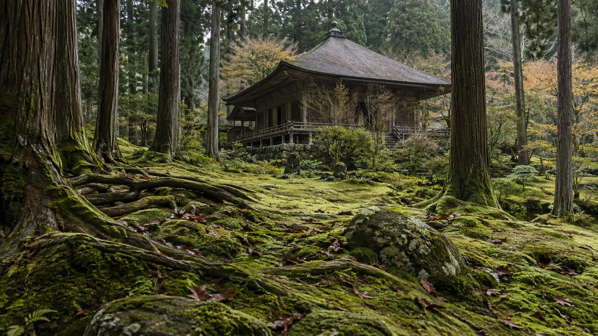 Moss garden and wooden temple hall surrounded by cedar trees in the rural Ohara valley north of Kyoto, soft diffused light, quiet travel photography