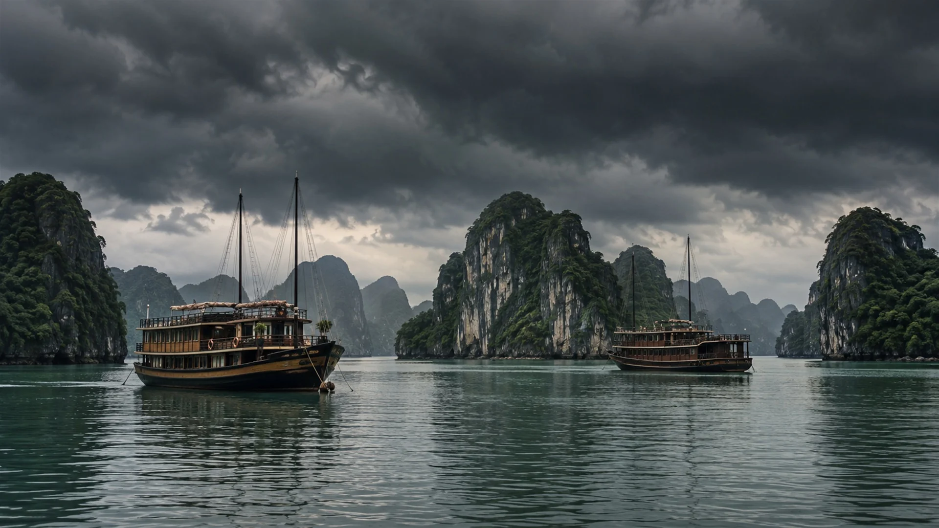 Traditional wooden cruise junks anchored among limestone karsts in Halong Bay under dark storm clouds, calm water before the weather, moody travel photography