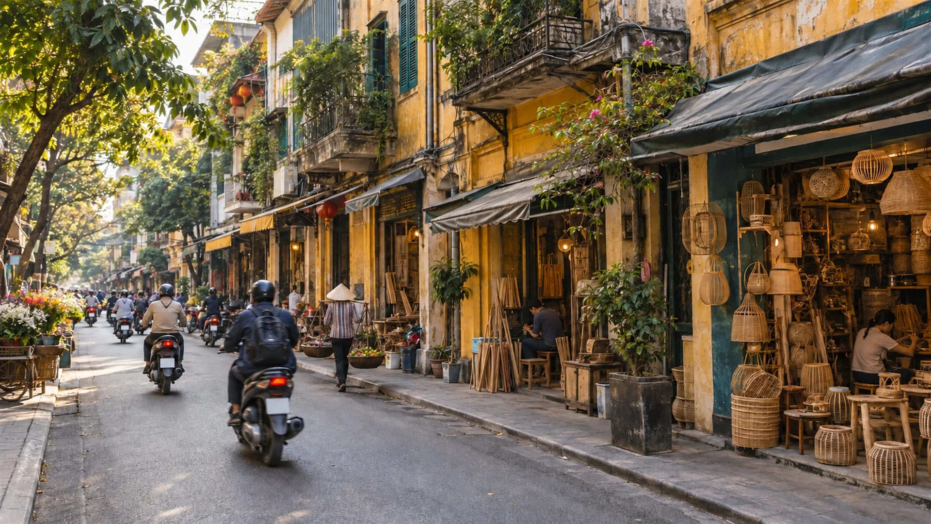 Narrow tube houses and small craft shops lining a busy street in the Old Quarter of Hanoi, morning light, motorbikes passing, street photography