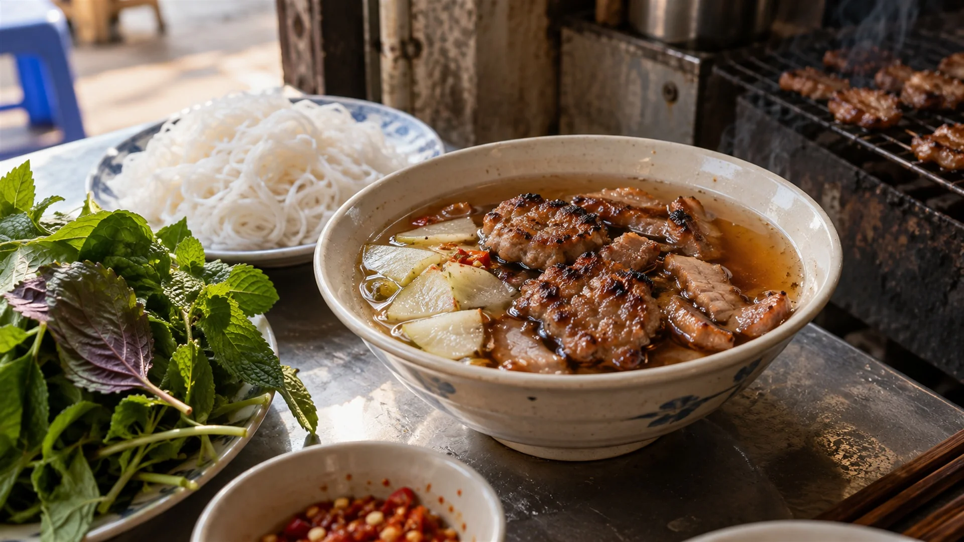 Bowl of bun cha with grilled pork, rice noodles and fresh herbs in a Hanoi street kitchen, warm midday light, food photography
