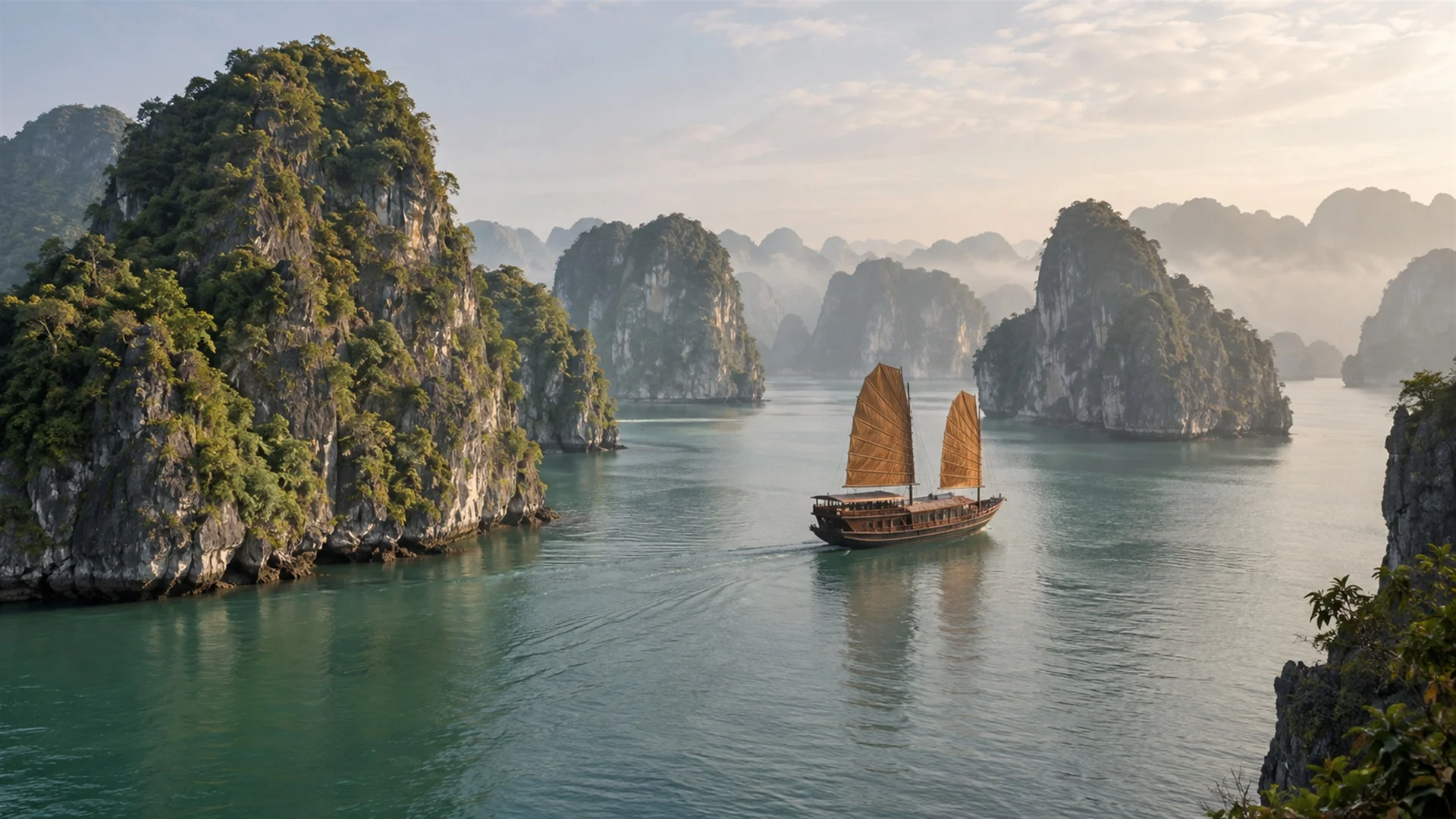 Halong Bay and Ninh Binh — limestone karst towers rising from calm emerald water with a traditional junk sailing between them, morning haze, travel photography