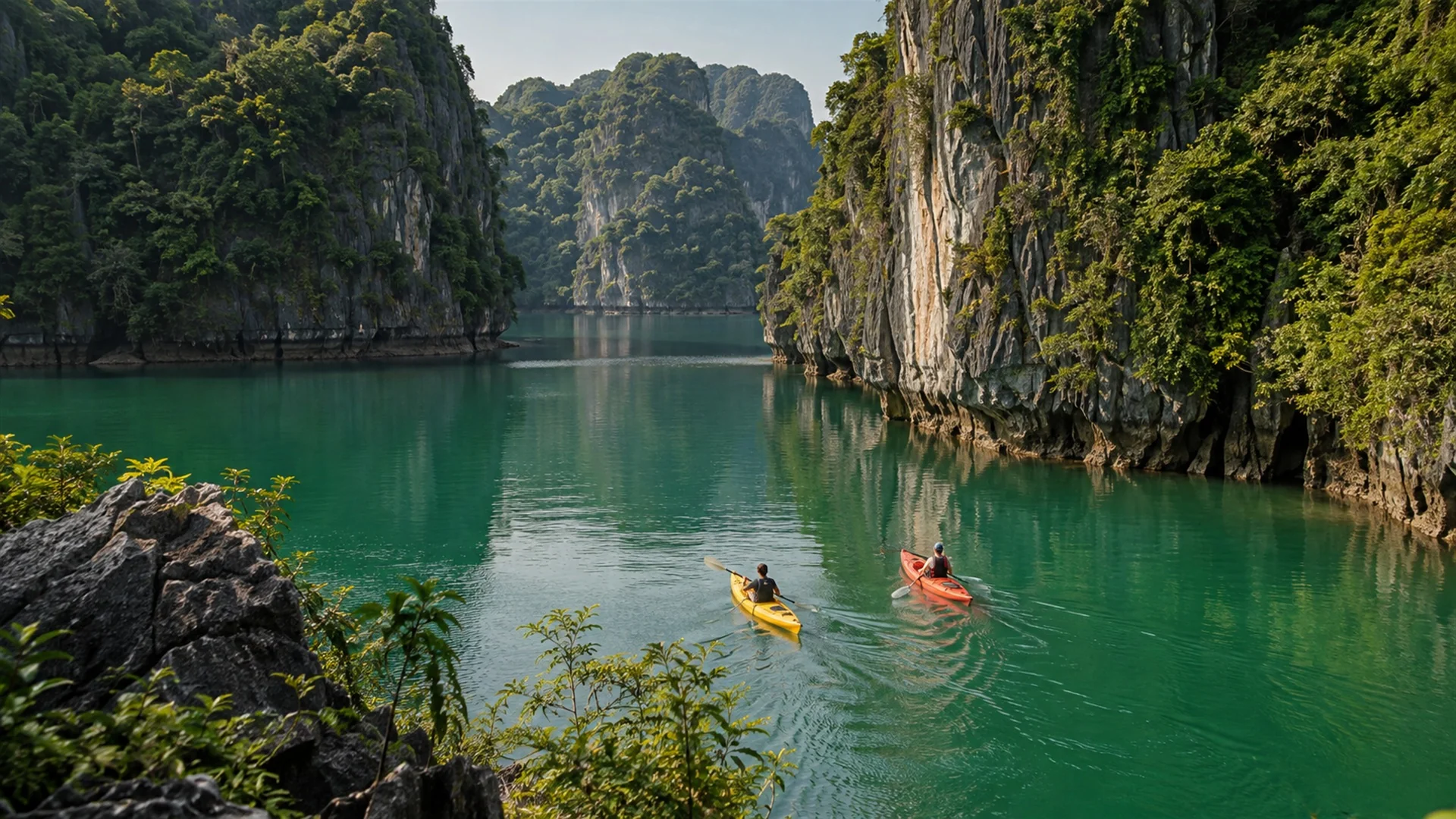 Kayaks gliding across a sheltered green lagoon enclosed by jungle-covered limestone cliffs in Lan Ha Bay near Cat Ba, calm light, travel photography