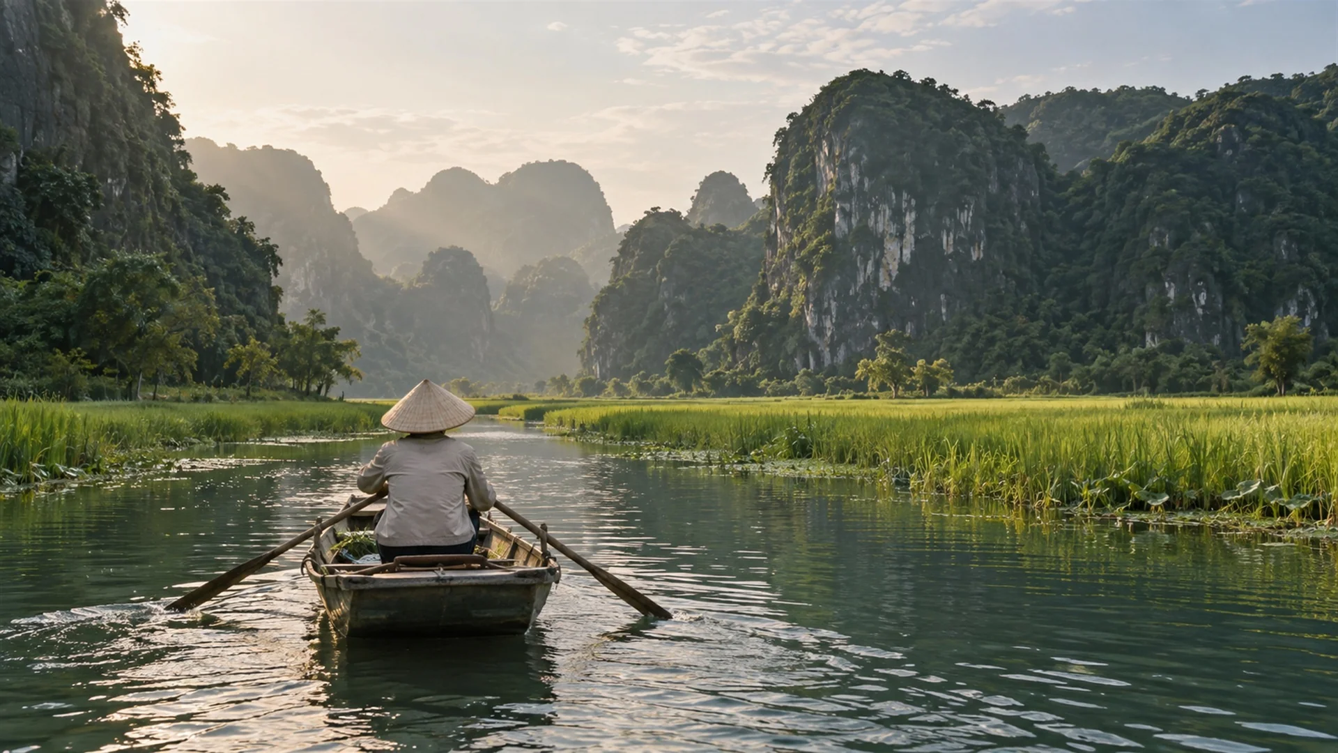 Boatwoman rowing a small sampan along a quiet river between rice fields and limestone karst peaks in Trang An, Ninh Binh, morning light, travel photography