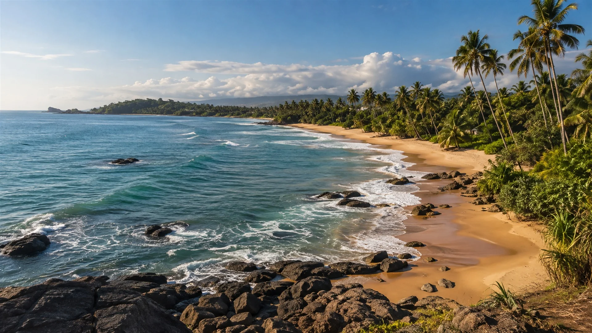 Best time to visit Sri Lanka — palm-lined southern coastline under clear dry season skies, monsoon clouds far inland, editorial travel photography