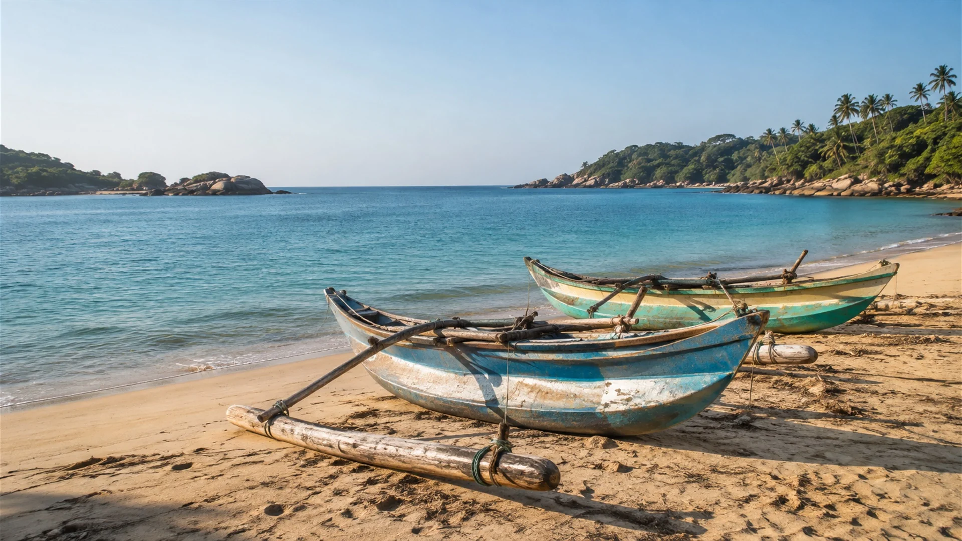 Calm turquoise bay near Trincomalee on Sri Lanka's east coast under a cloudless summer sky, fishing boats on golden sand, editorial travel photography