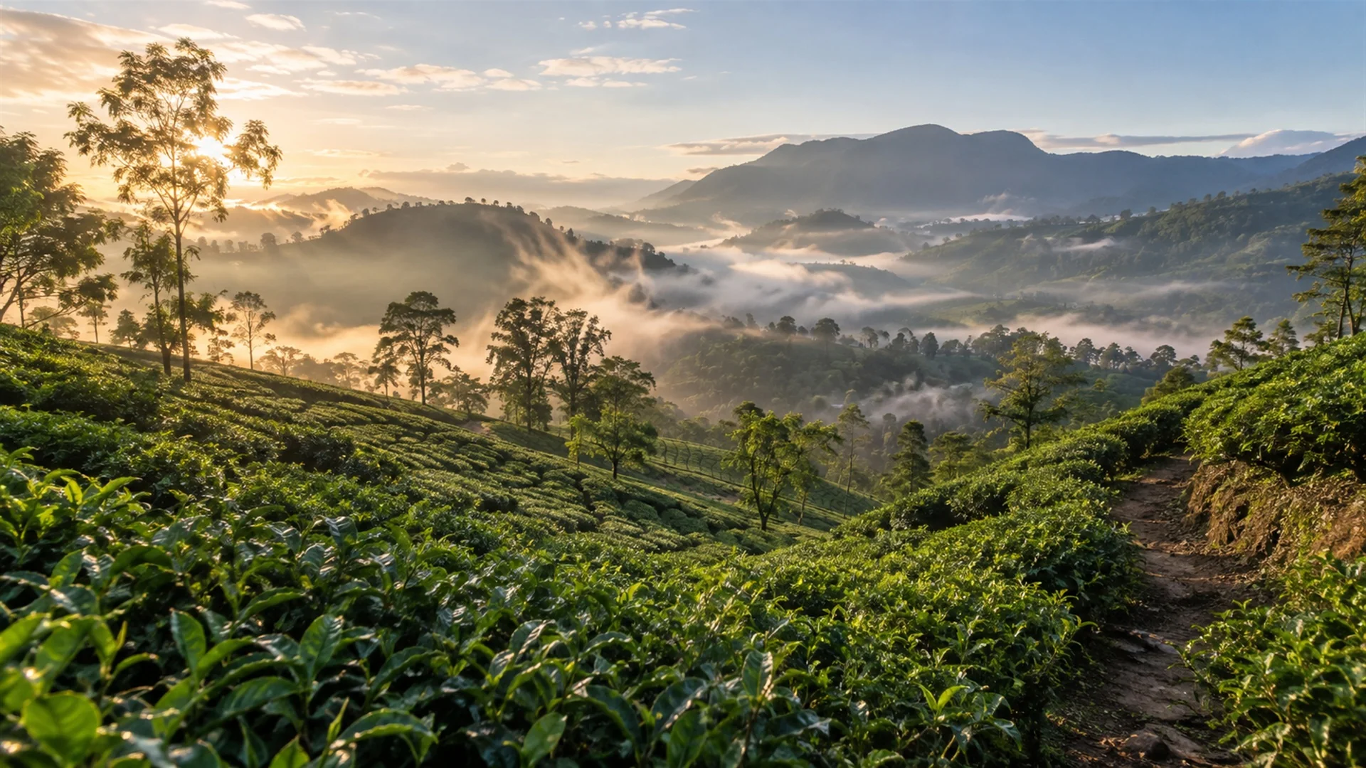 Mist lifting from terraced tea estates near Hatton in Sri Lanka's hill country, clear early morning after rain, landscape travel photography