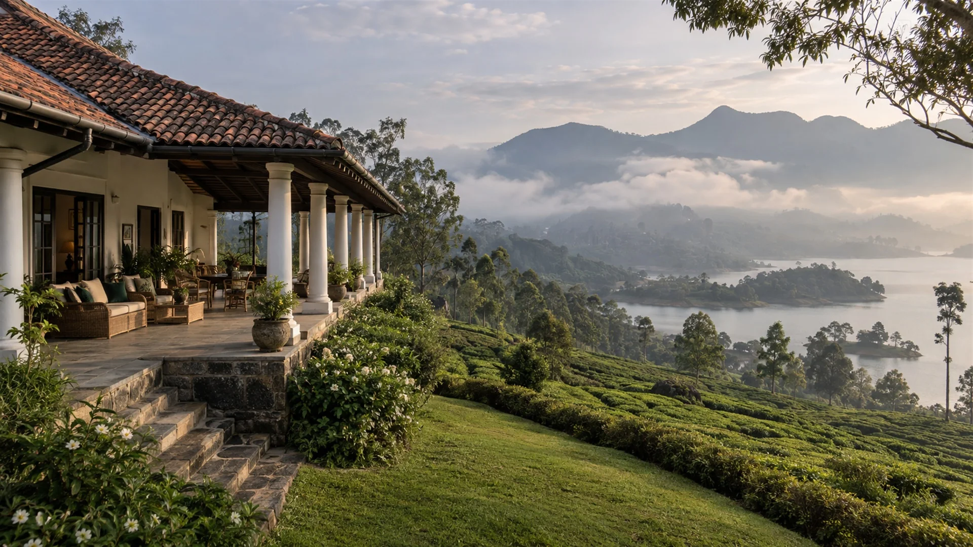 Sri Lanka tea country — colonial planter's bungalow with a wide veranda above green tea terraces and a misty reservoir, editorial travel photography
