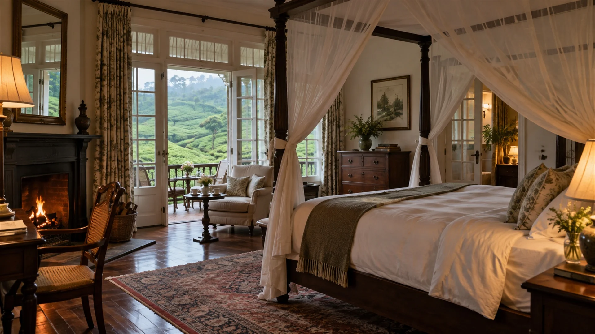 Elegant colonial tea planter's bungalow interior with four-poster bed and fireplace overlooking tea gardens in Sri Lanka's hill country, warm lamplight, interior travel photography