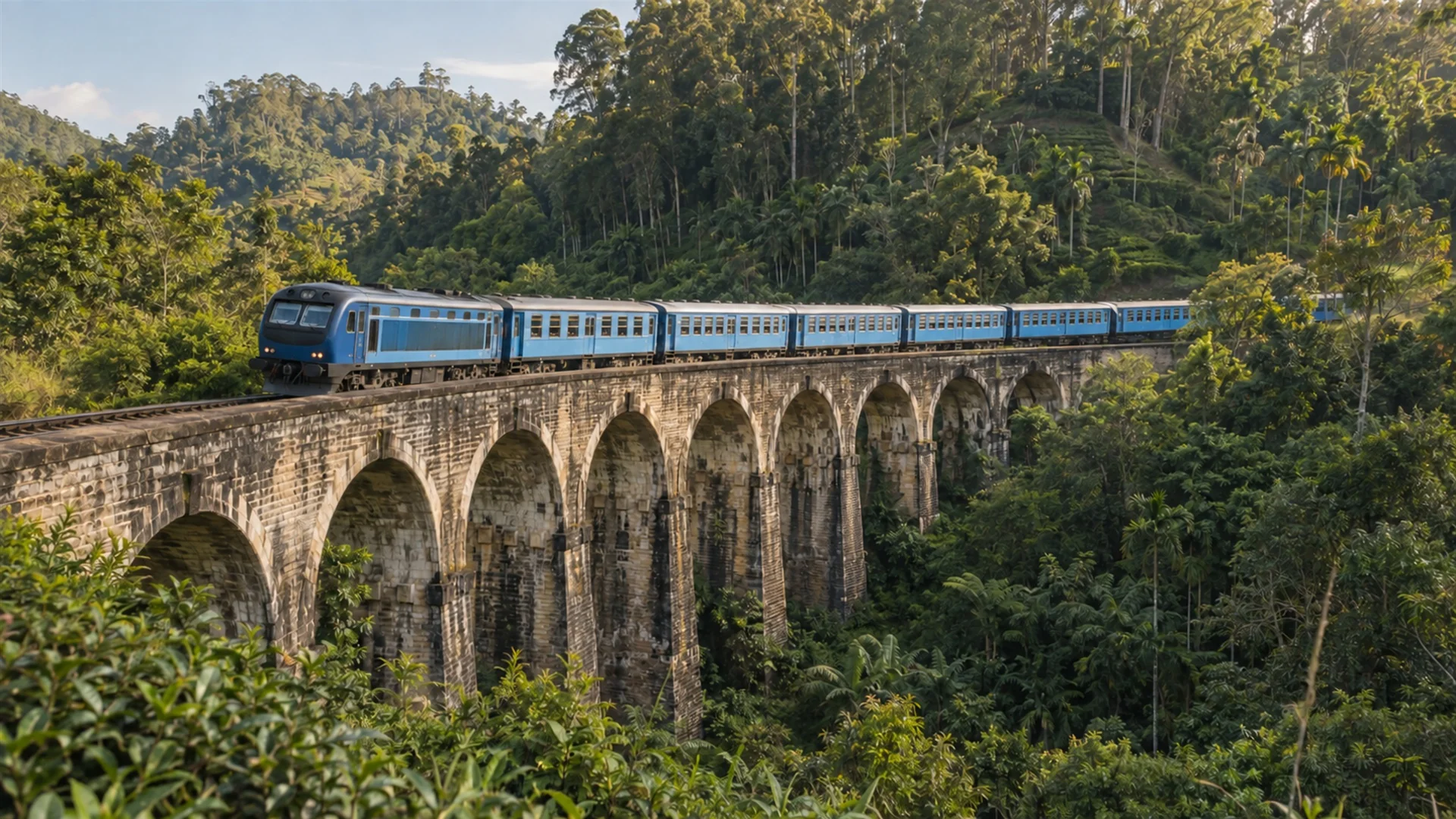 Blue train crossing the stone Nine Arches Bridge near Ella surrounded by jungle in Sri Lanka's hill country, soft afternoon light, rail travel photography