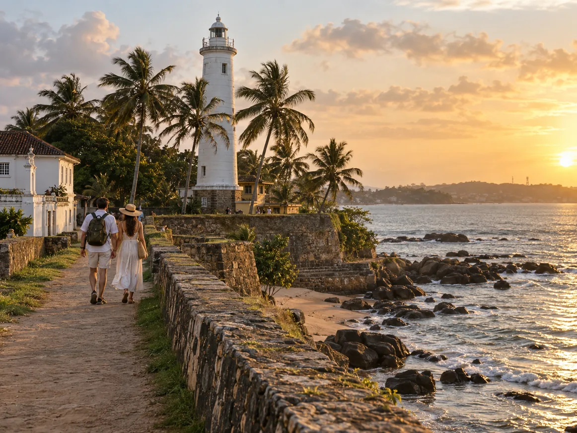 Whitewashed lighthouse and old stone ramparts of Galle Fort beside palm trees and the Indian Ocean at golden hour, editorial travel photography