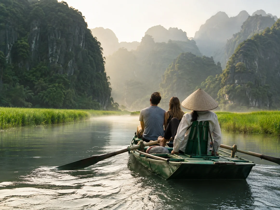 Local boatwoman in a conical hat rowing travelers along a misty river between rice fields and limestone mountains in Ninh Binh, editorial travel photography