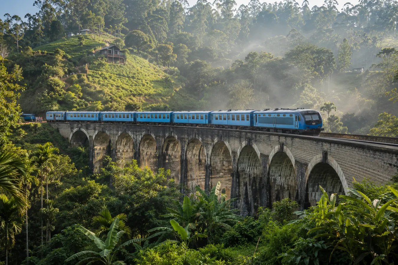 Blue passenger train crossing the stone Nine Arches Bridge between jungle and tea-covered hills near Ella in morning mist, travel photography
