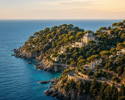 French riviera luxury travel - pine covered cape above deep blue Mediterranean water with pale villas and a curving coastal r