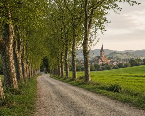 Best time to visit France - tree lined country road crossing green fields toward a village church tower under soft seasonal l