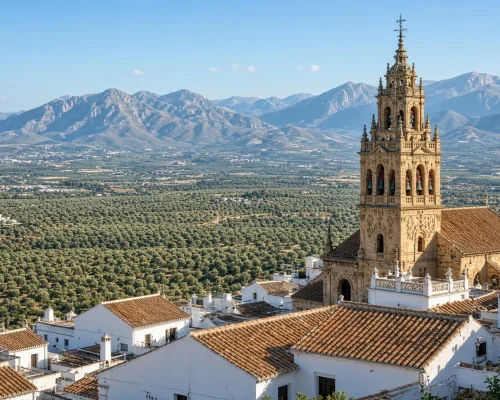 Best time to visit Spain - sunlit Andalusian rooftops and a bell tower above olive country with distant mountains in clear sp