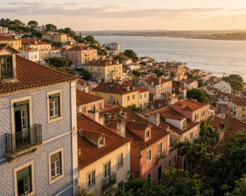 Things to do in Lisbon - tiled facades and terracotta rooftops stepping down a hill toward the Tagus estuary in warm evening