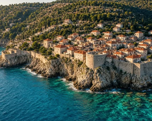 Best time to visit Croatia - stone coastal town on a peninsula above clear Adriatic water with pine slopes behind in warm lat